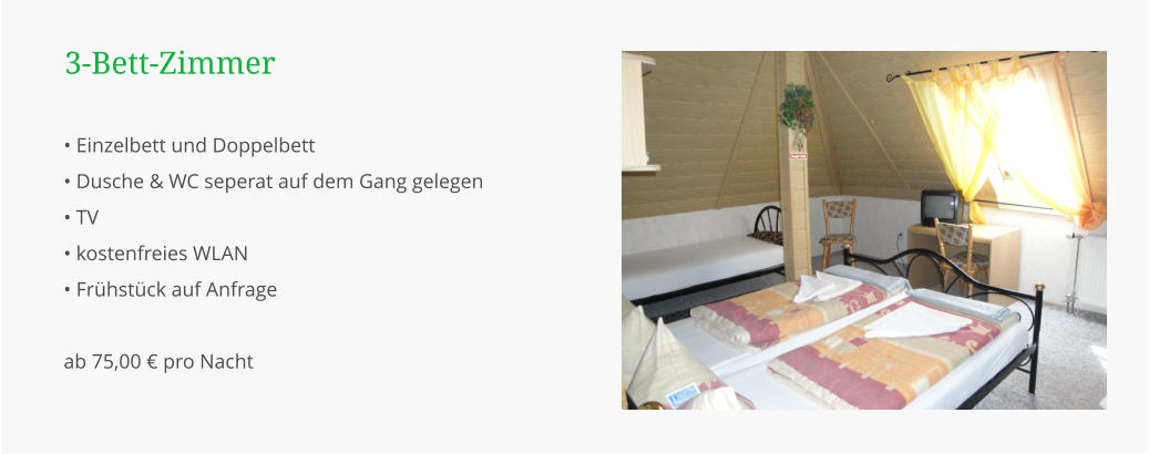 • Einzelbett und Doppelbett • Dusche & WC seperat auf dem Gang gelegen • TV • kostenfreies WLAN • Frühstück auf Anfrage  ab 75,00 € pro Nacht  3-Bett-Zimmer